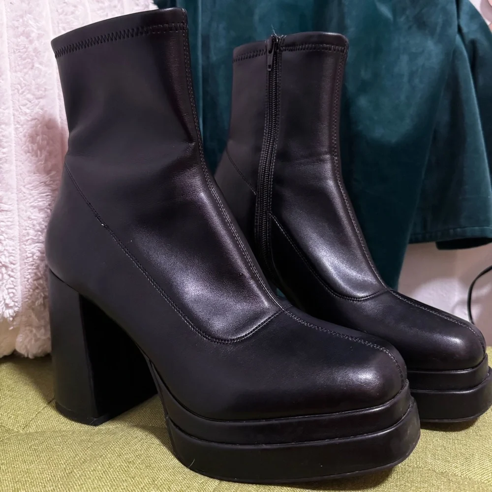 Worn once! Black Platform Ankle Boots with High Block Heel